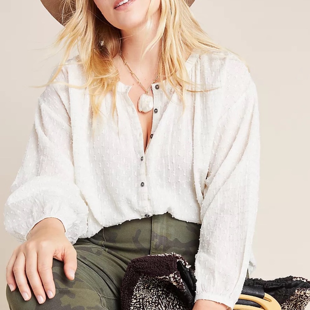 Anthropologie NWT White  Martina Textured Blouse | Plus Size 3X